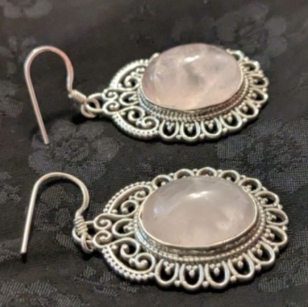 Antique Style Earrings 925 Sterling Silver Pink Rose Quartz Filigree Earrings - Picture 2 of 8